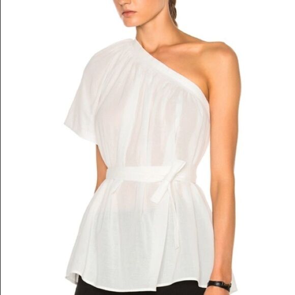 Helmut LangĀ Oneā Shoulder Cotton GauzeāBeltedāShirt Large Asymmetrical Tie loose - Picture 3 of 6